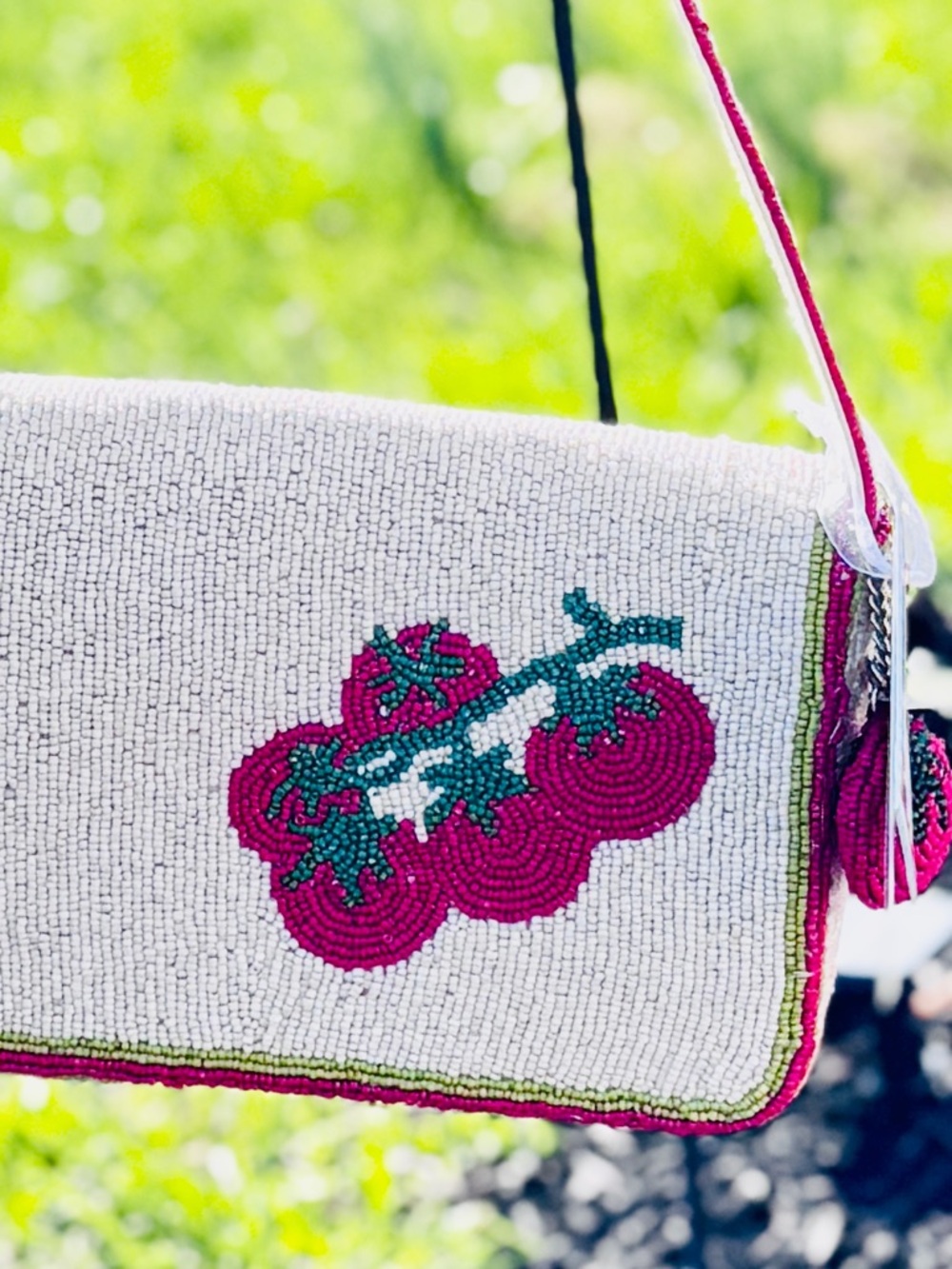 Heirloom Tomato Beaded Shoulder Bag - Cream with Tomato Bag Charm - Picture 6 of 13